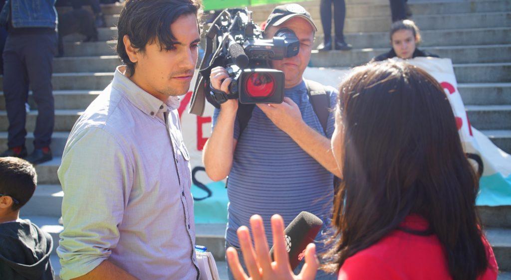 television interview at climate march