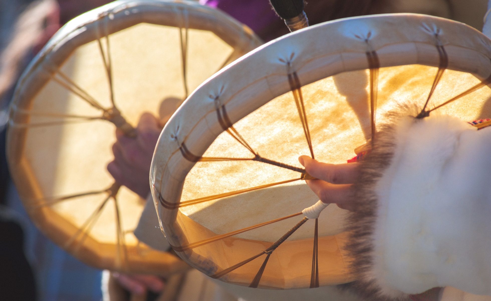 Close up photo of two hide drums