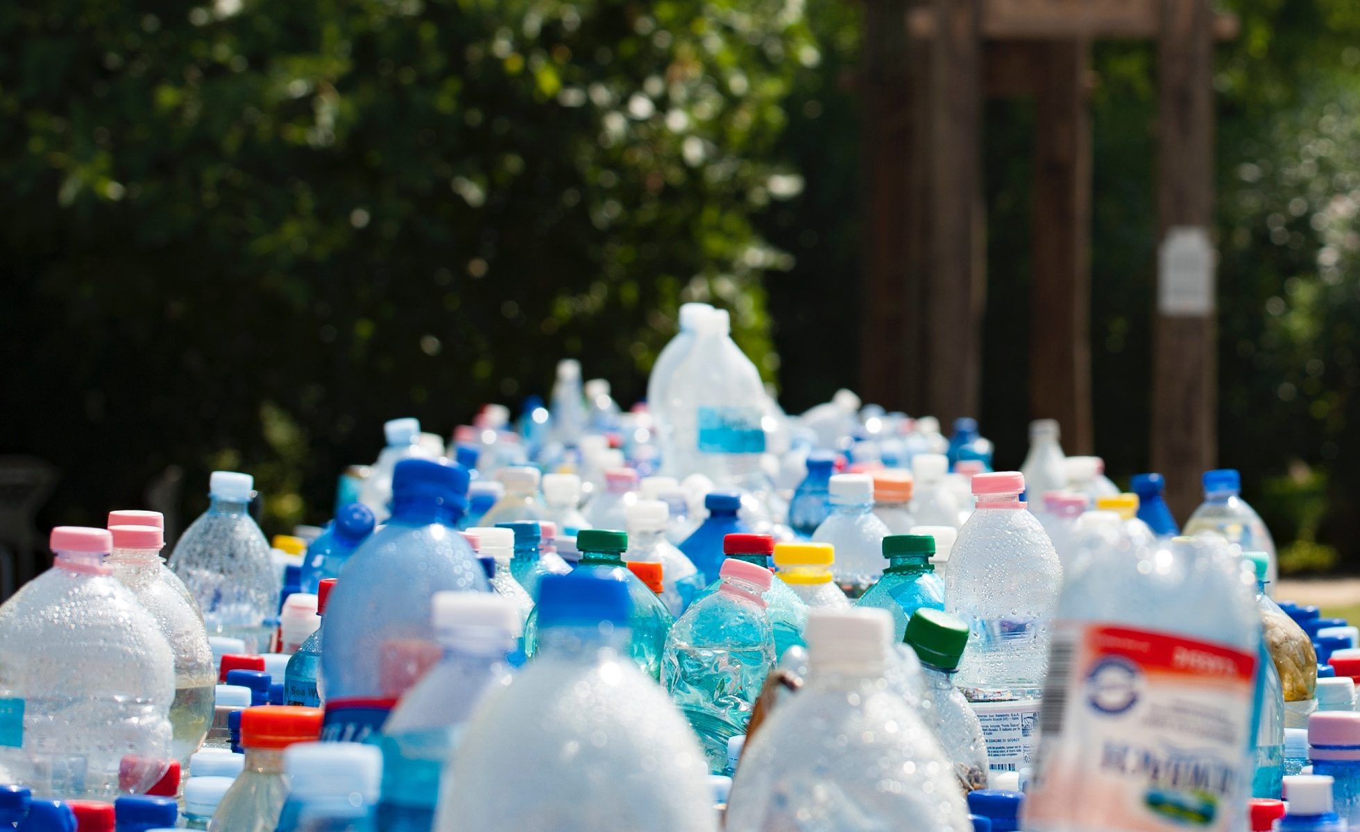 Several different sized and shaped plastic beverage containers lined up