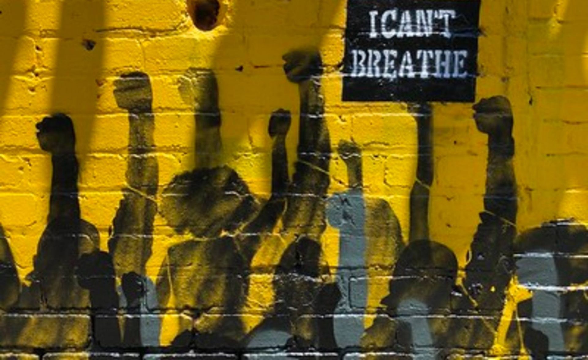 Mural of crowd with fists up holding I Can