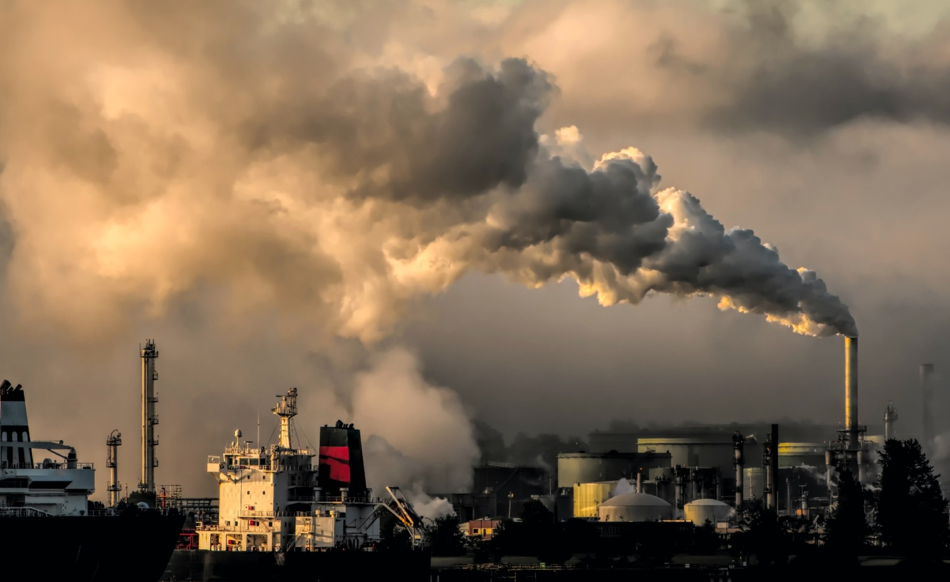 Smoke stacks on a harbour