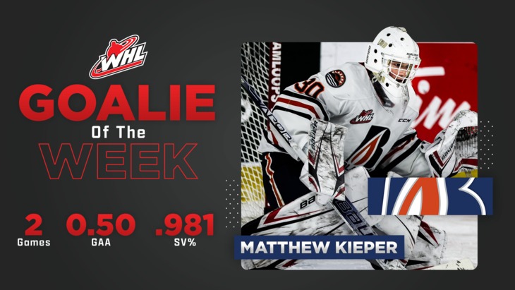 Blazers netminder Kieper named WHL Goaltender of the Week – Kamloops Blazers