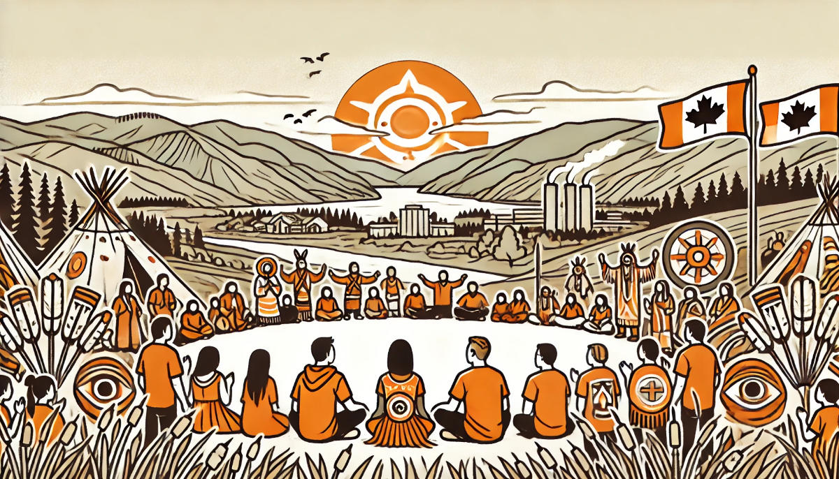 a circle of people both sitting and standing in a native village setting outside a city with the sun rising over the mountains.