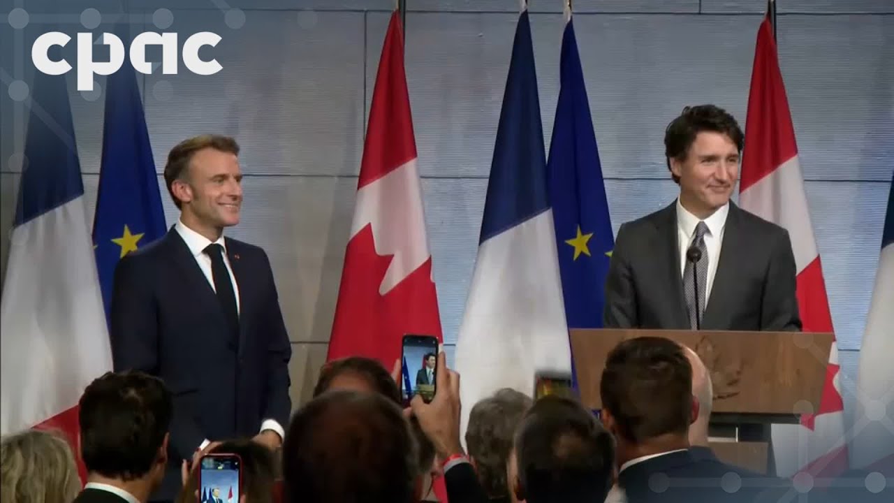 PM Trudeau accueille le président français Emmanuel Macron à une réception à Montréal