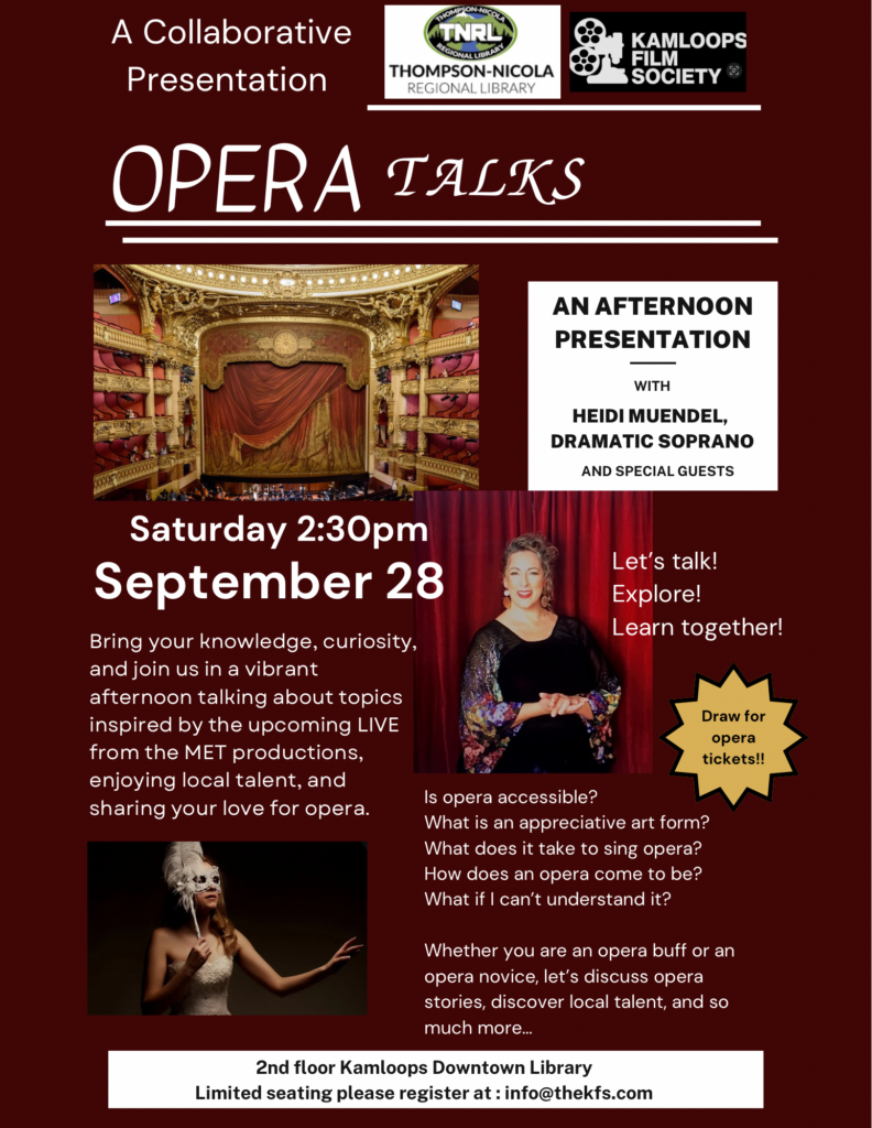 The KFS and TNRL present Opera Talks: An afternoon presentation with Heidi Muendel Saturday, Sep 28th