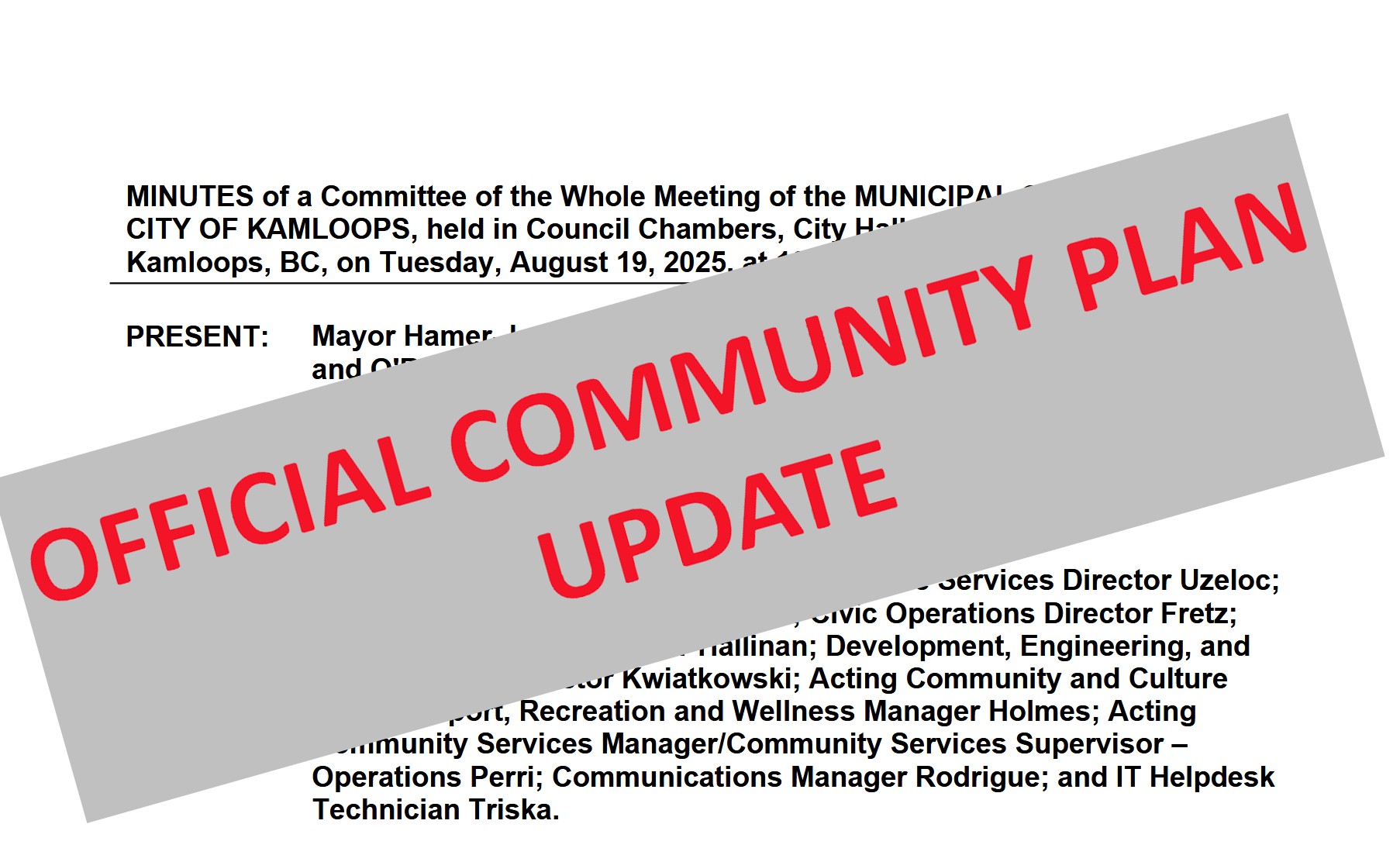 An image of a printed sheet of Kamloops City Council minutes, with the words "Official Community Plan Update" superimposed diagonally