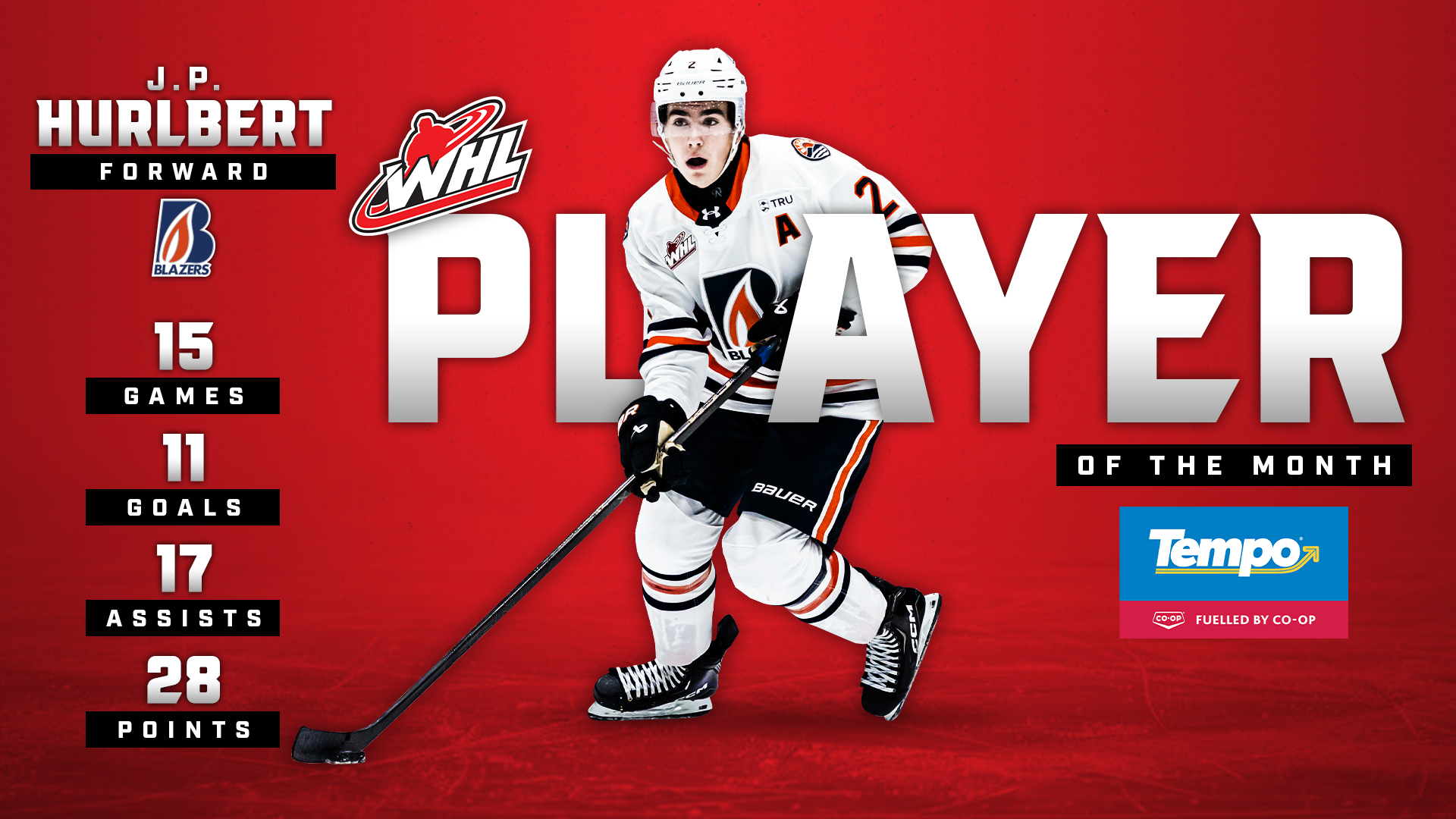 Blazers forward Hurlbert named Tempo WHL Player of the Month for September / October